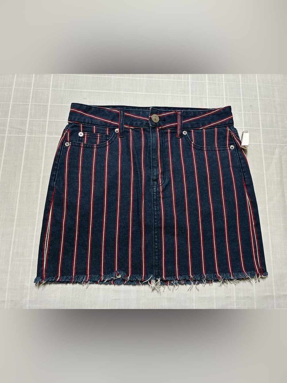 American Eagle Outfitters Navy Denim Mini Skirt with Red Stripes